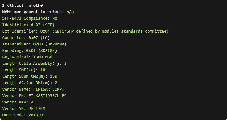 Detailed SFP module information output by the ethtool command